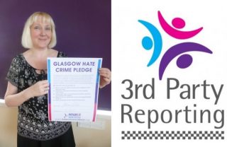 GDA's Chief Executive Tressa Burke holds the Glasgow Hate Crime Pledge next to a logo that reads' 3rd Party Reporting
