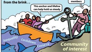 an illustration of three people in a yellow boat, on choppy waves with the words 'isolation, inequality, lockdown, covid19, Shielding. The boat is being pulled ashore via an anchor, with two people smiling labelled 'grasroots members'. They stand on solid ground marked ' Community of interest'. In the sky, the words 'Pulling disabled people back from the brink'. One of the boat's passengers says 'this anchor an dlifeline can help hold us steady'.