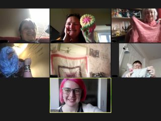 photo showing 7 photos of people holding knitted items up to the camera and people are smiling