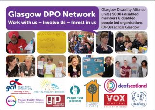 Glasgow DPO Network postcard with all the logos of the DPOs in the network and photos of members