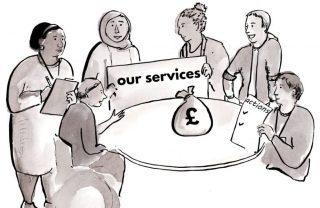 Group of members sit around a table with the sign 'our services' in their hands and a bag of money on the table in the middle.