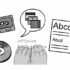 Picture of a tape, record, hands typing on a braile machine, large print and a speech bubble with different national flags in it to illustrate translation